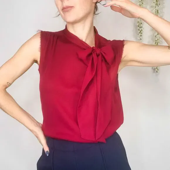 REVOLVE NSF silk sleeveless top neck tie frayed hem button front berry 3076 - Picture 9 of 11